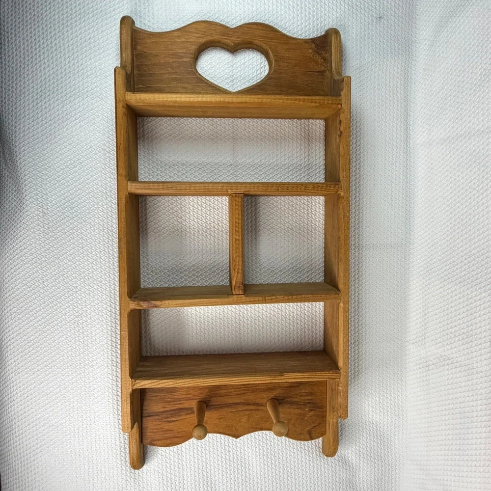 VTG 90s Rustic Wood Trinket Wall Shelf Heart Cutout with Pegs 27x12 Cottagecore